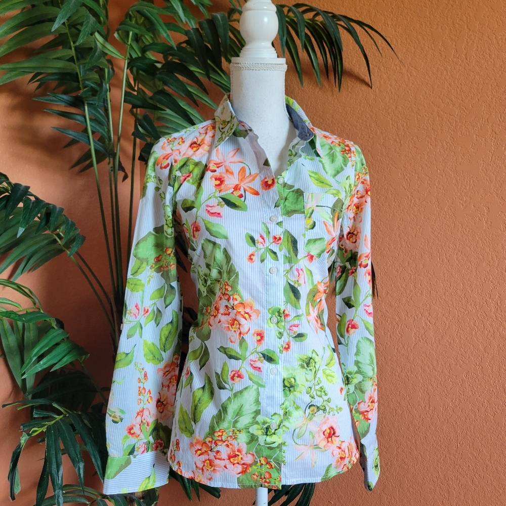 Tommy Hilfiger TH Cotton Button Down Top Pinstripe Floral Small Blue Green